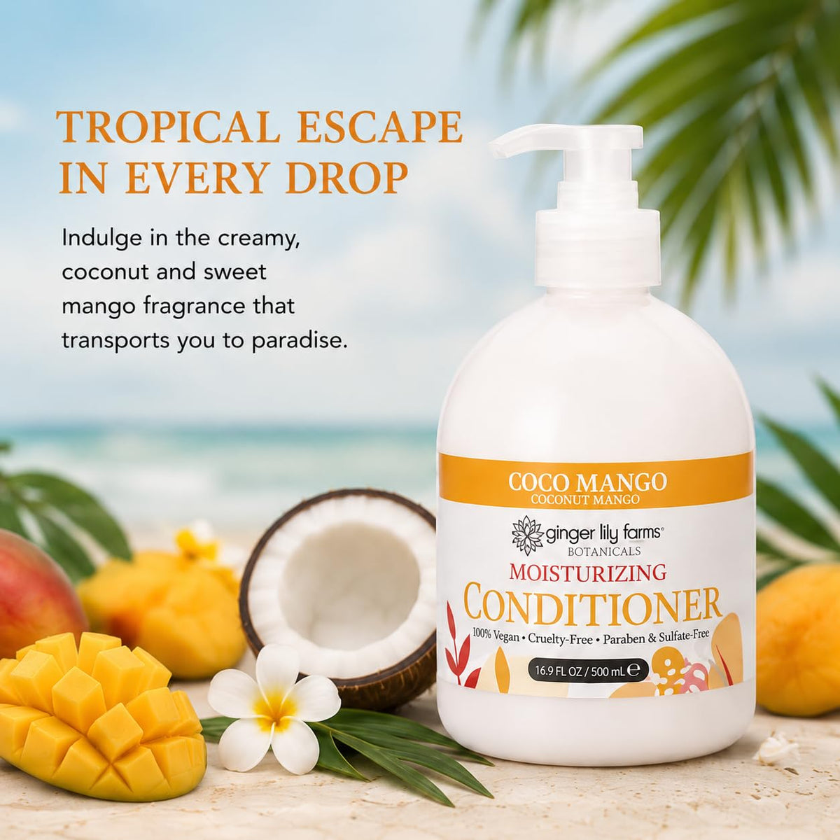 Ginger Lily Farms Conditioner with tropical fruits background