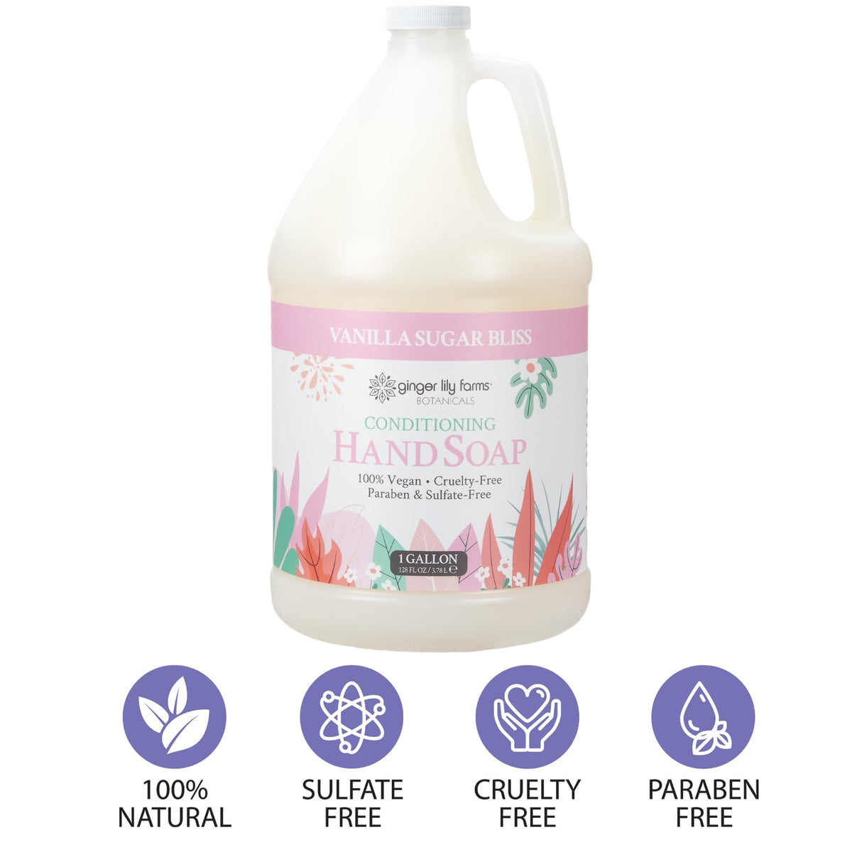 Ginger Lily Farms Conditioning Hand Soap 1 Gal Vanilla Sugar Bliss in a bathroom setting