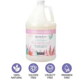 Ginger Lily Farms Conditioning Hand Soap 1 Gal Vanilla Sugar Bliss in a bathroom setting