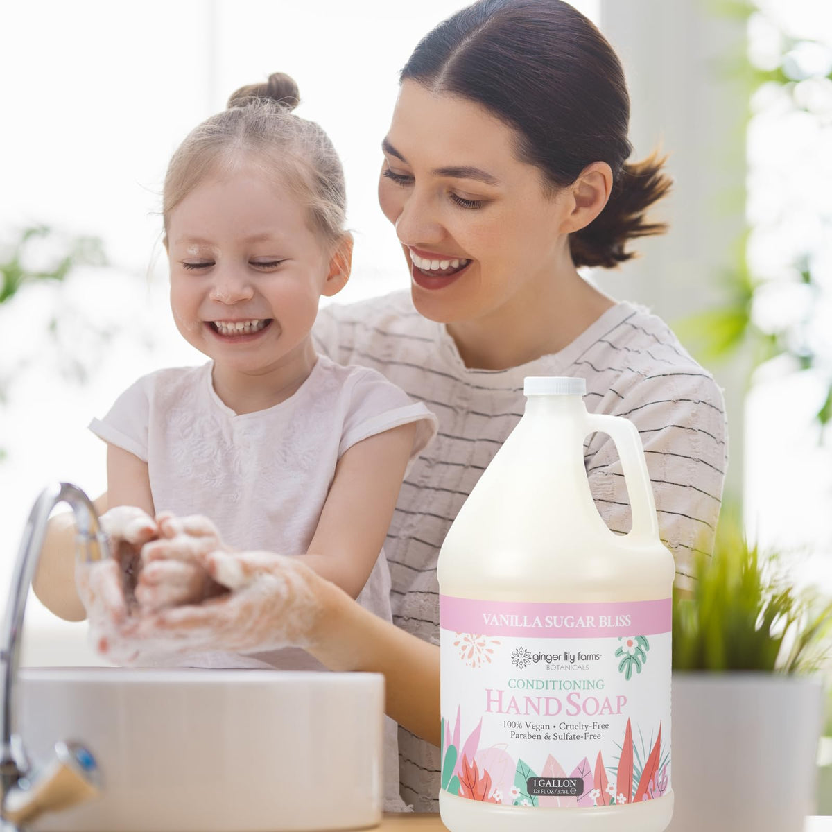 Ginger Lily Farms Conditioning Hand Soap 1 Gal Vanilla Sugar Bliss pouring into a hand