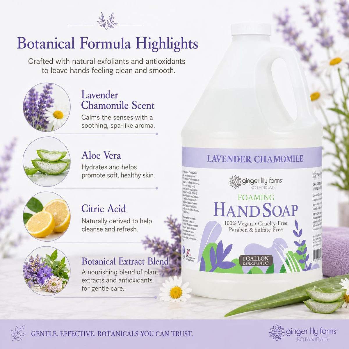 Ginger Lily Farms Lavender Chamomile Foaming Hand Soap in lifestyle setting with flowers