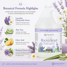 Ginger Lily Farms Lavender Chamomile Foaming Hand Soap in lifestyle setting with flowers