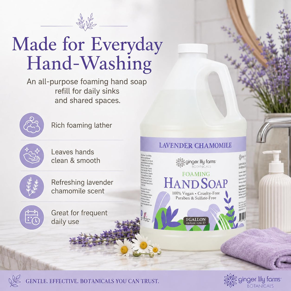 Ginger Lily Farms Lavender Chamomile Foaming Hand Soap packaging with eco-friendly focus