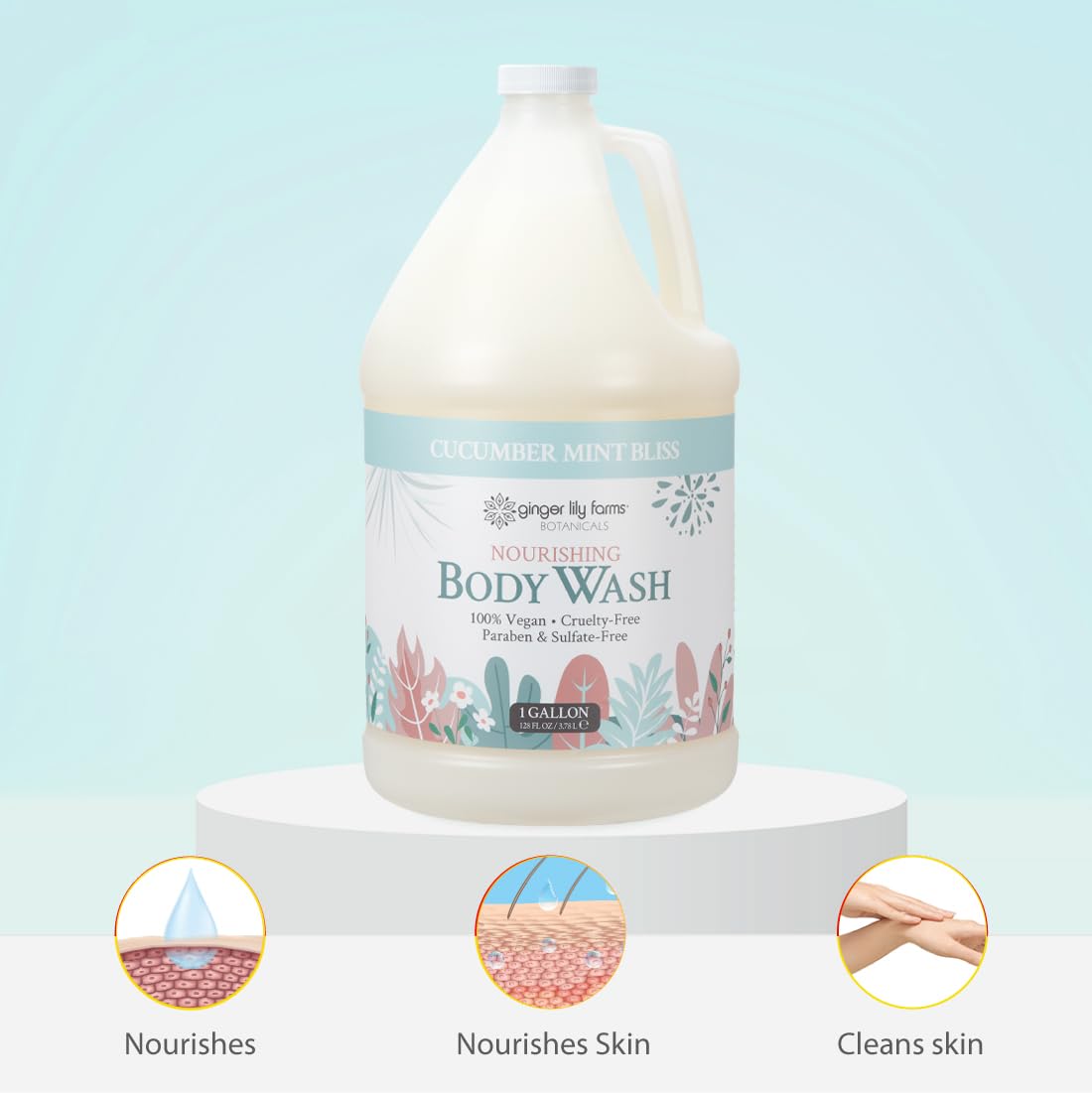Ginger Lily Farms Nourishing Body Wash 1 Gallon Cucumber Mint Bliss pouring into dispenser