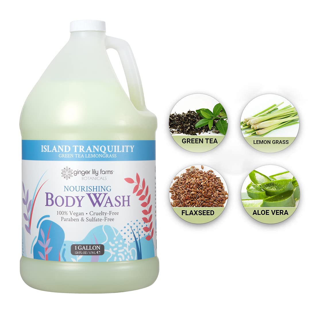 Ginger Lily Farms Nourishing Body Wash 1 Gallon on a bathroom shelf