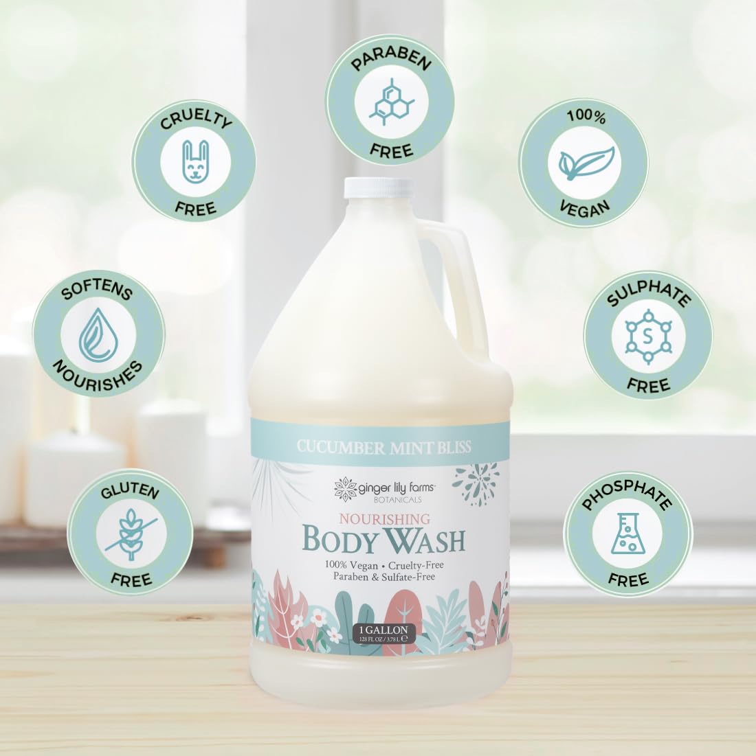 Ginger Lily Farms Nourishing Body Wash pouring into a shower dispenser
