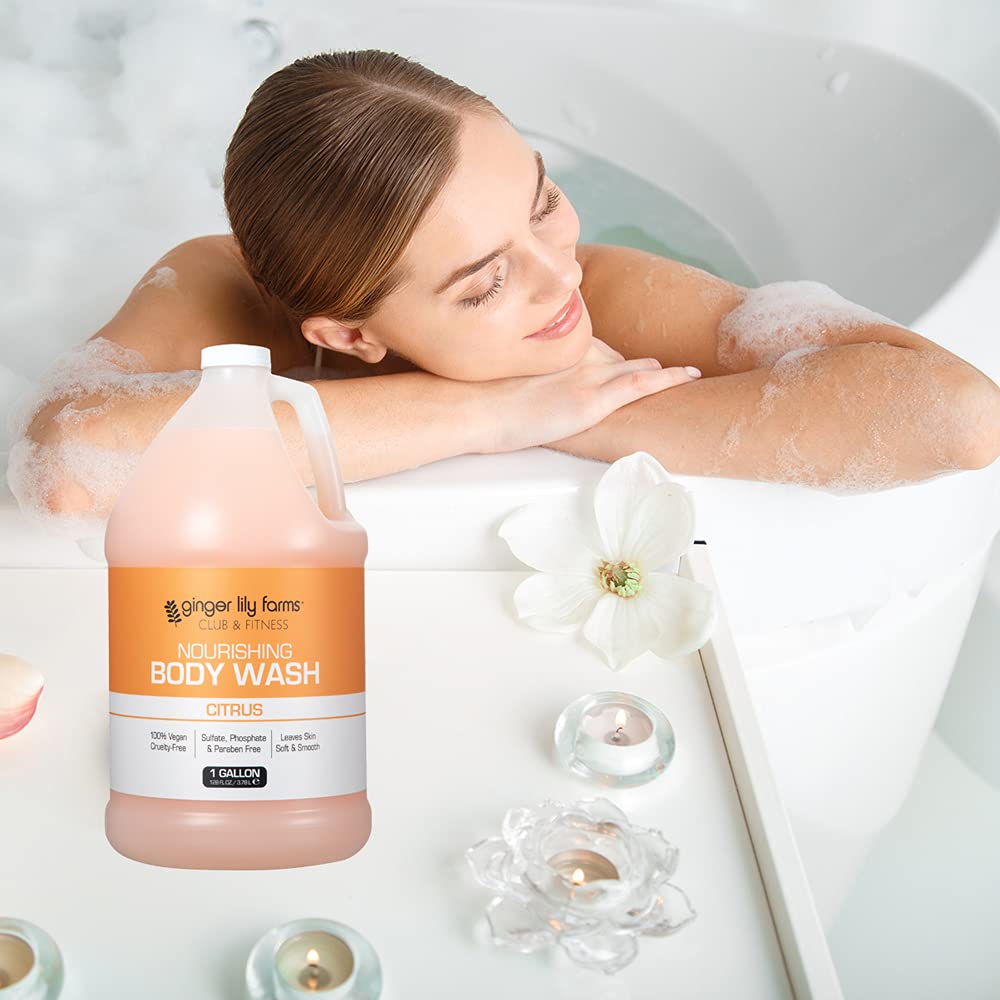 Ginger Lily Farms Nourishing Body Wash with citrus fruits background