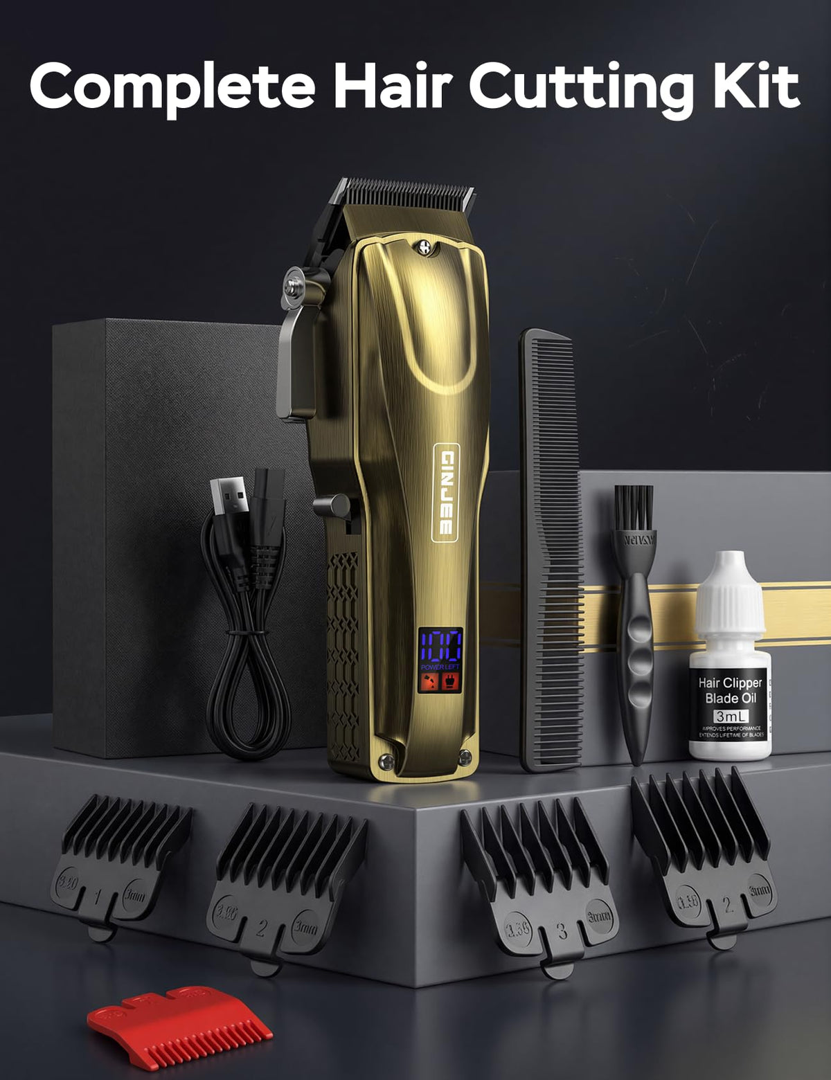 GinJee Hair Clippers complete kit with cleaning brush and user manual