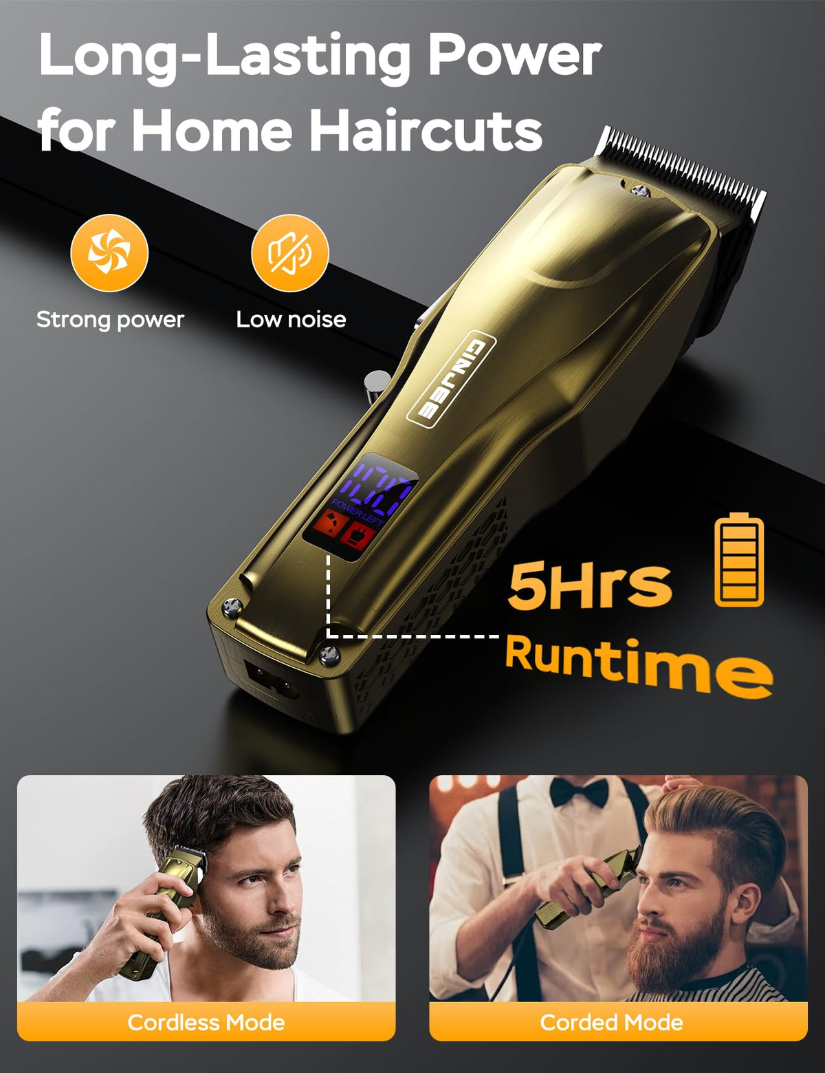 GinJee Hair Clippers side view with adjustable stainless steel blades