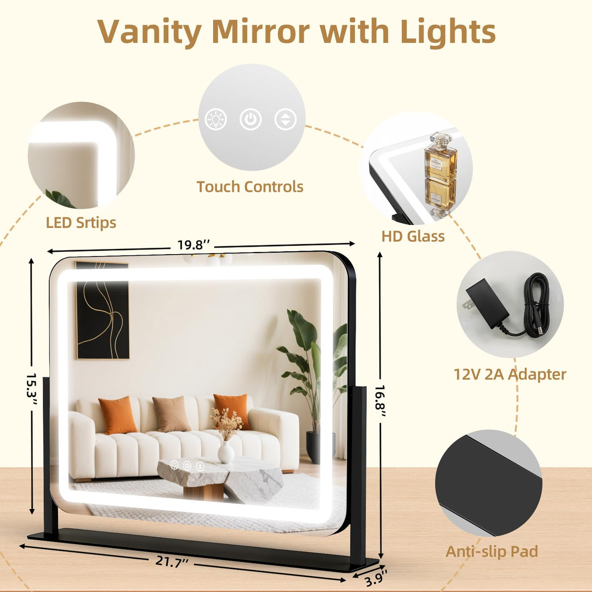 GioeDa Vanity Mirror displaying adjustable brightness settings