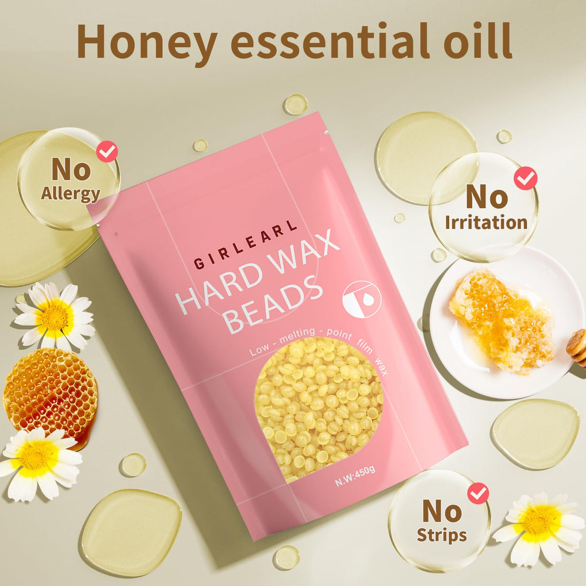 GIRLEARLE Hard Wax Beads 1lb packaging with honey infusion