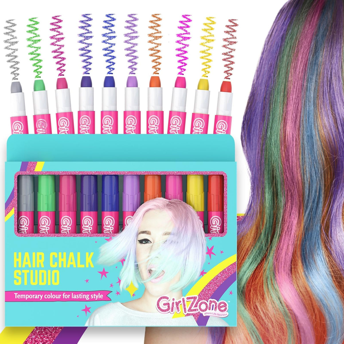 GirlZone Hair Chalks Set 10-Piece vibrant colours front view