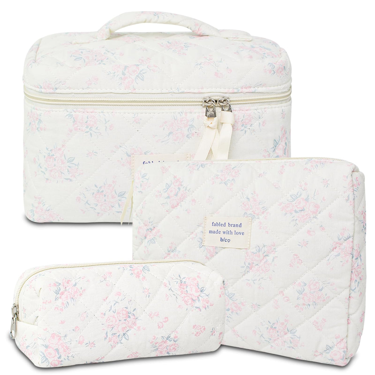 GISMTR Cotton Quilted Makeup Bag Set in floral design, front view