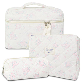 GISMTR Cotton Quilted Makeup Bag Set in floral design, front view