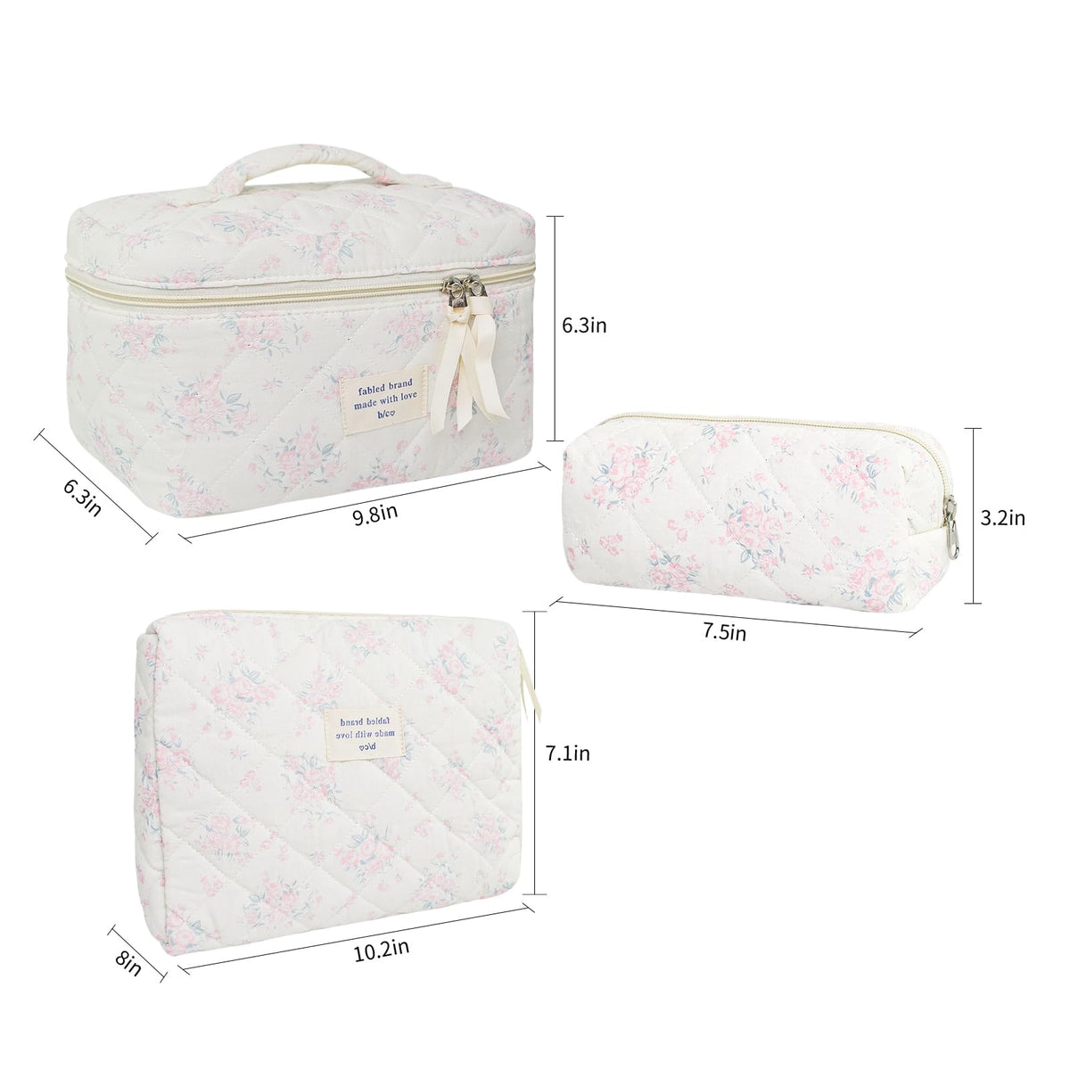 GISMTR Cotton Quilted Makeup Bag Set in various sizes