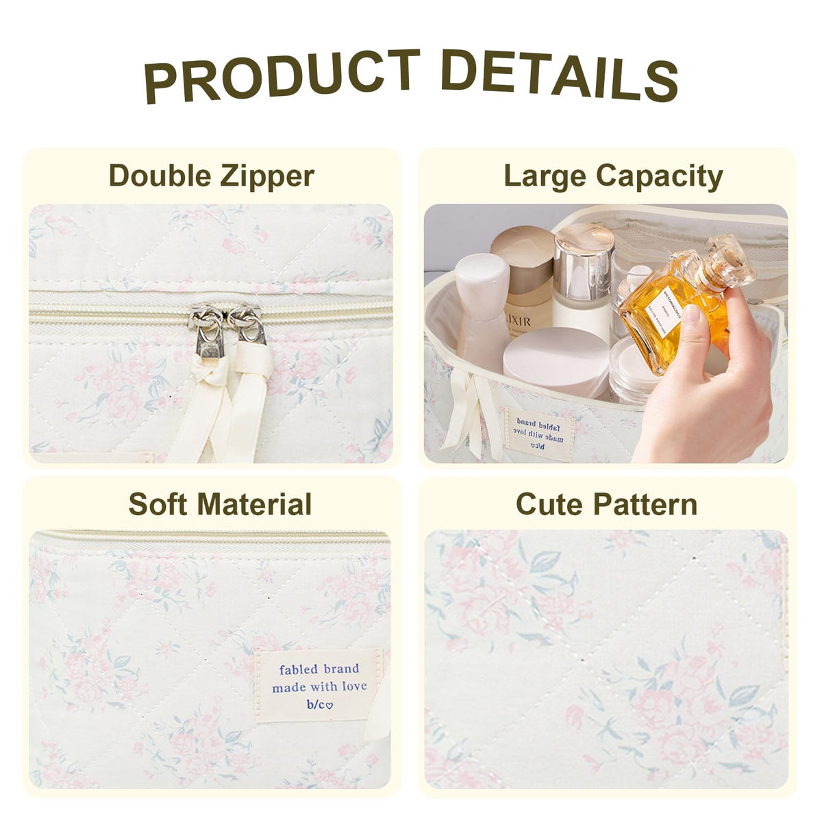 GISMTR Cotton Quilted Makeup Bag Set showing large capacity and zippers