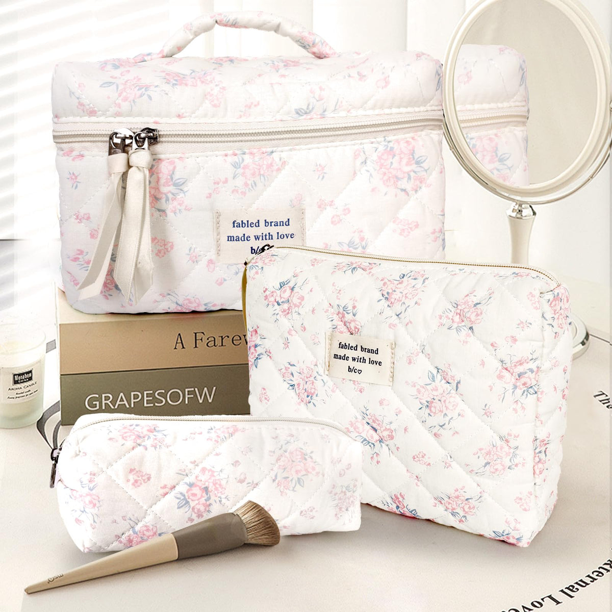 GISMTR Cotton Quilted Makeup Bag Set with accessories and toiletries
