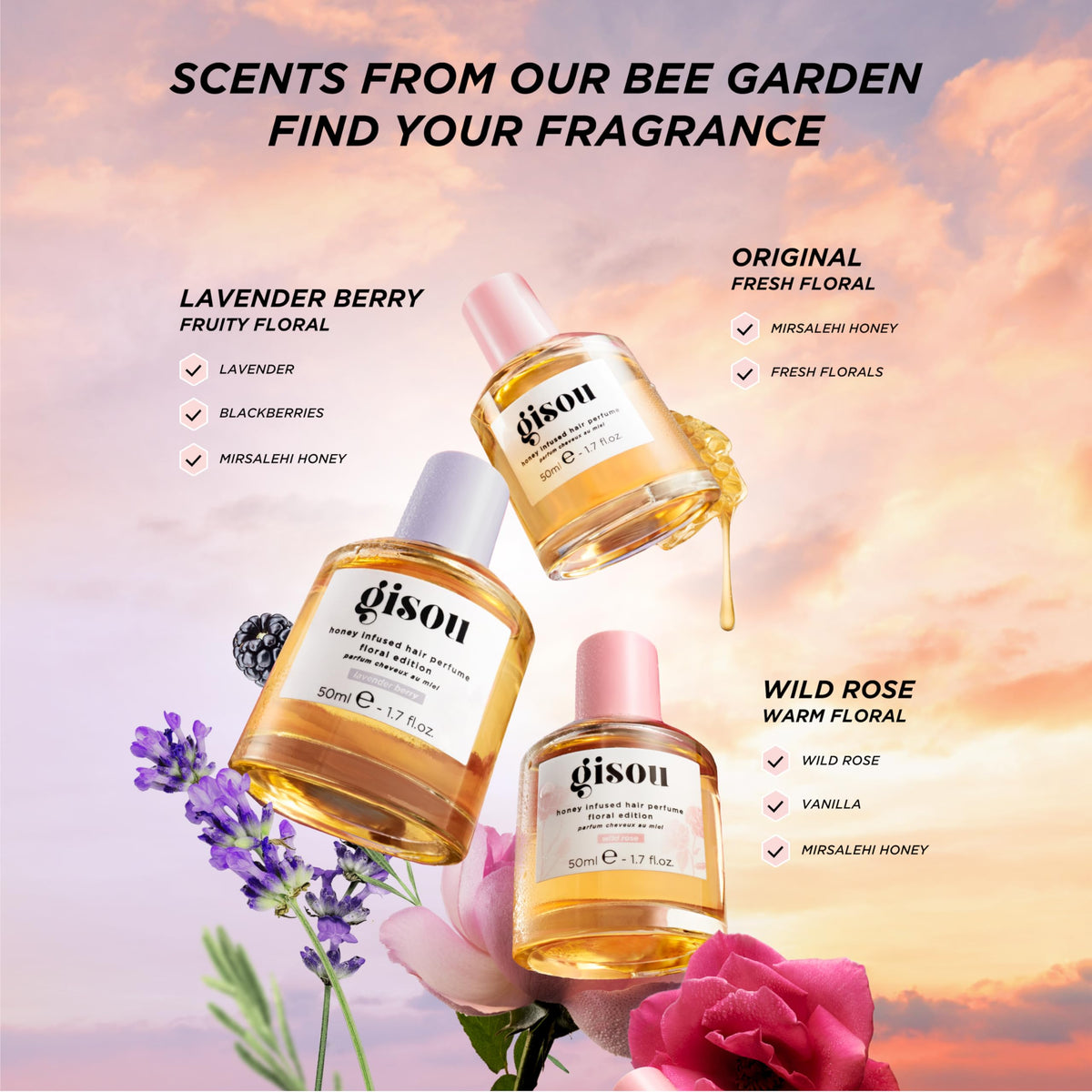 Gisou Honey Infused Hair Perfume Lavender Berry mist application