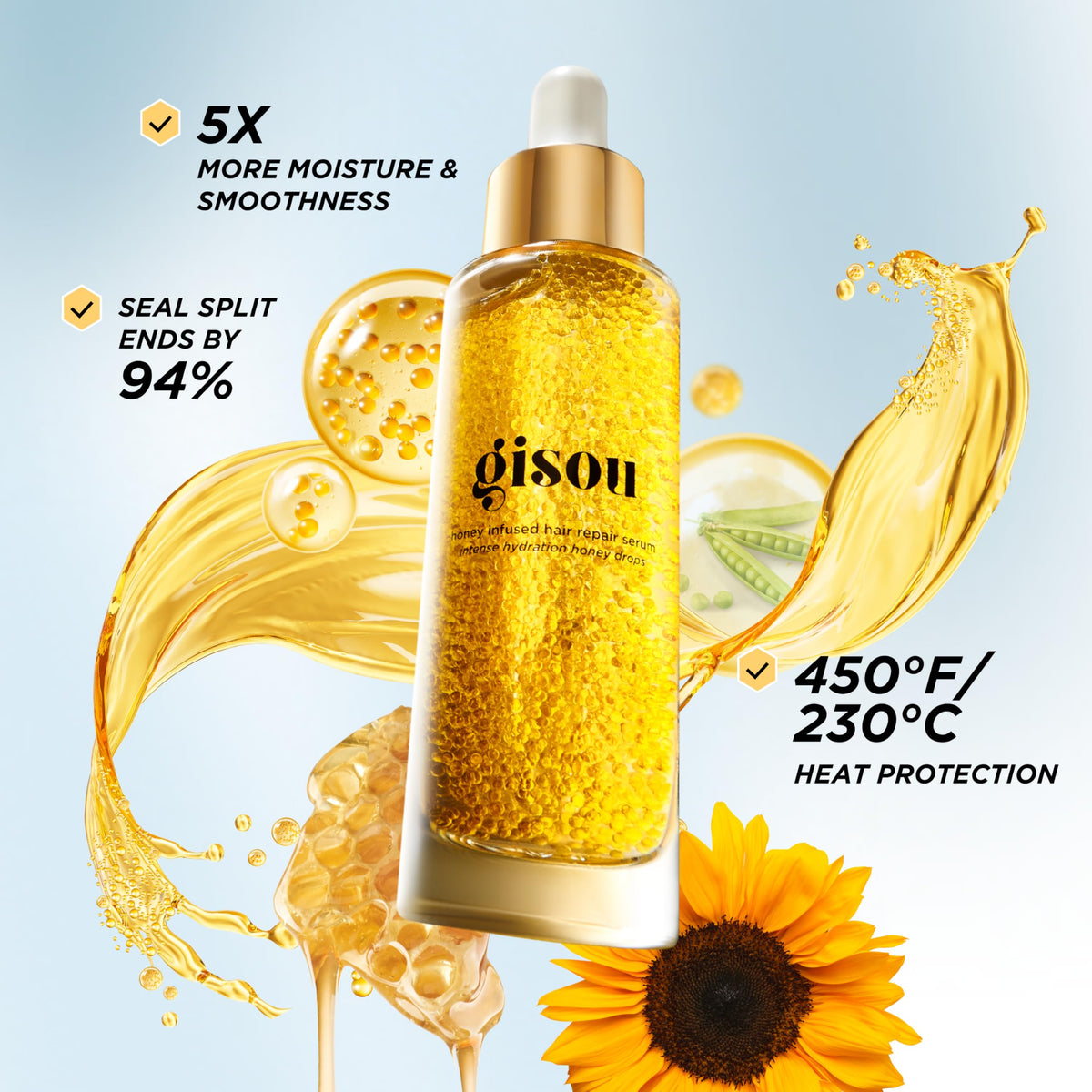 Gisou Honey Infused Hair Repair Serum bottle side view