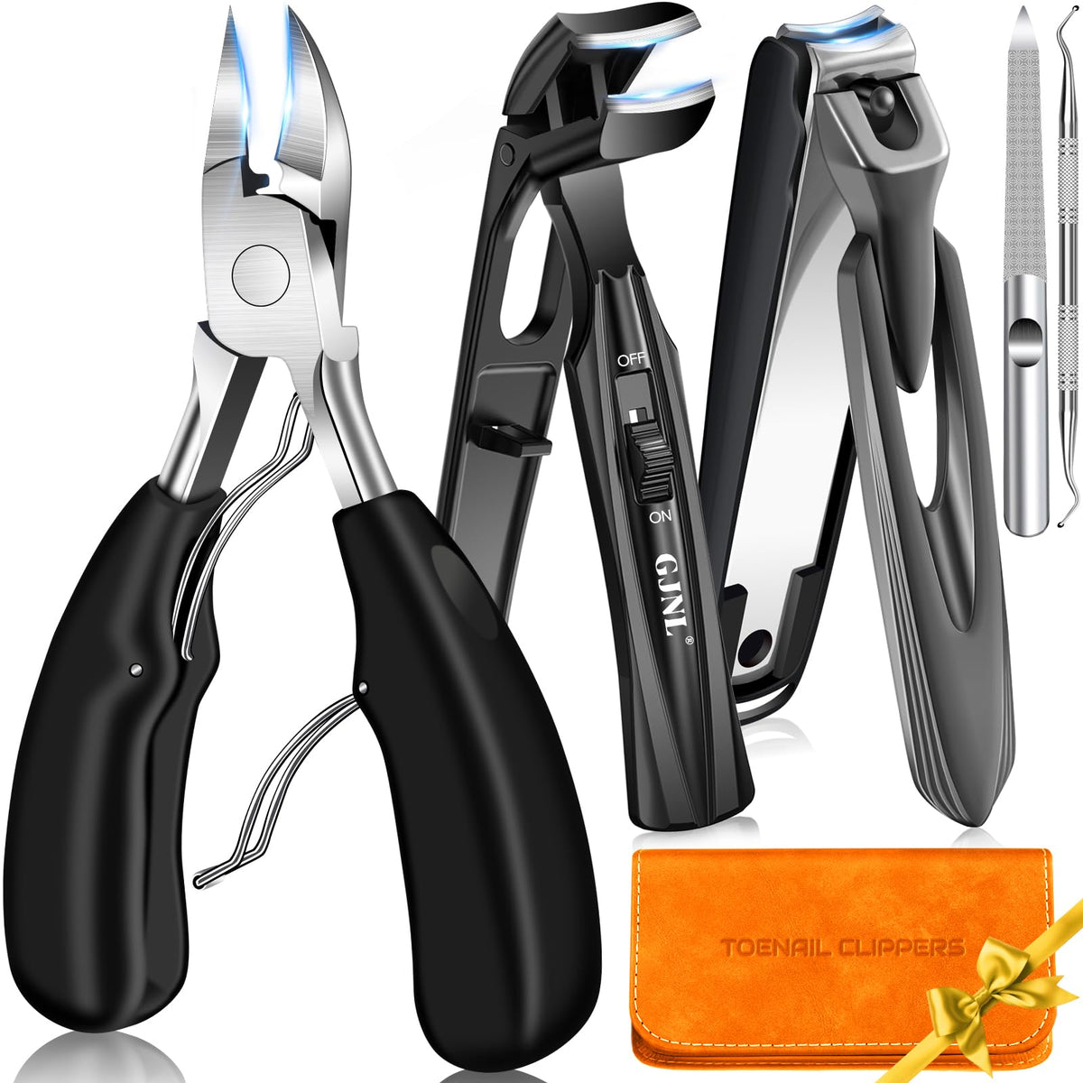 GJNL Toenail Clippers Set front view with leather bag