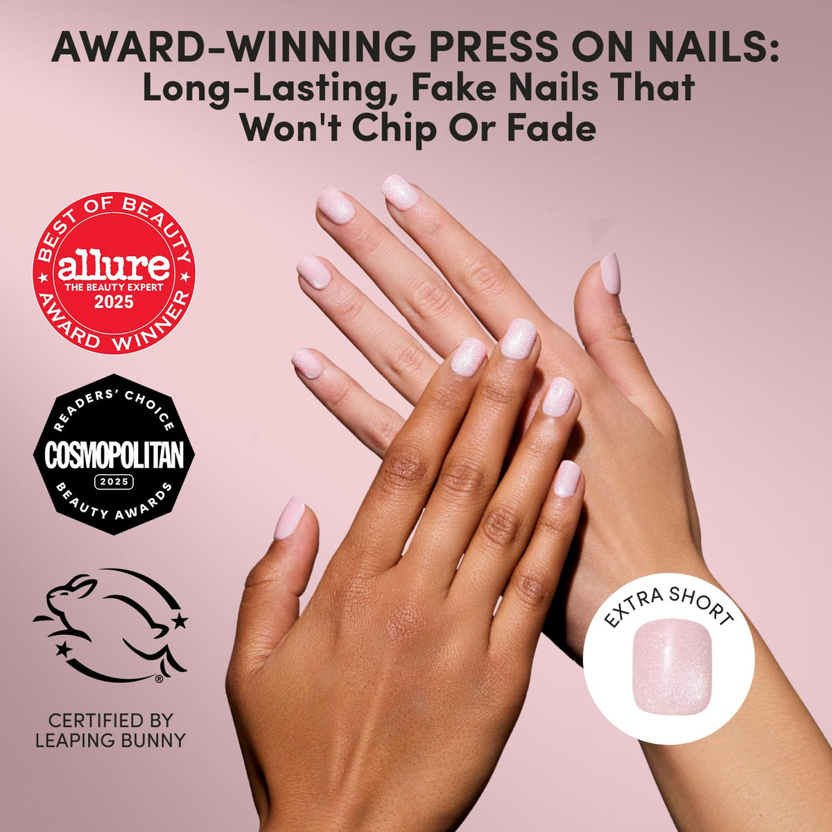 Glamnetic extra short velvet pink shimmer nails close-up