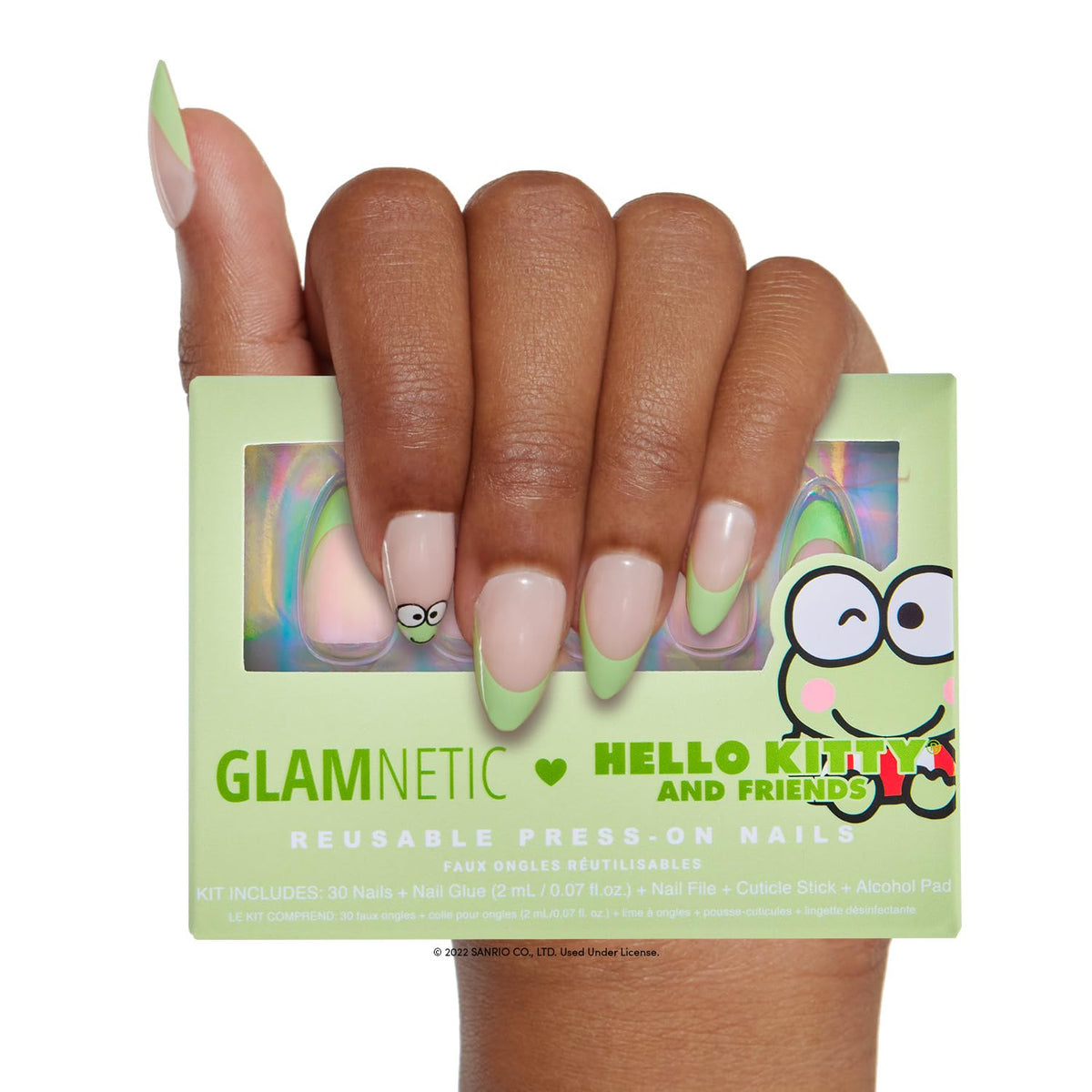 Glamnetic Keroppi French Tip Press On Nails front view with lime green tips