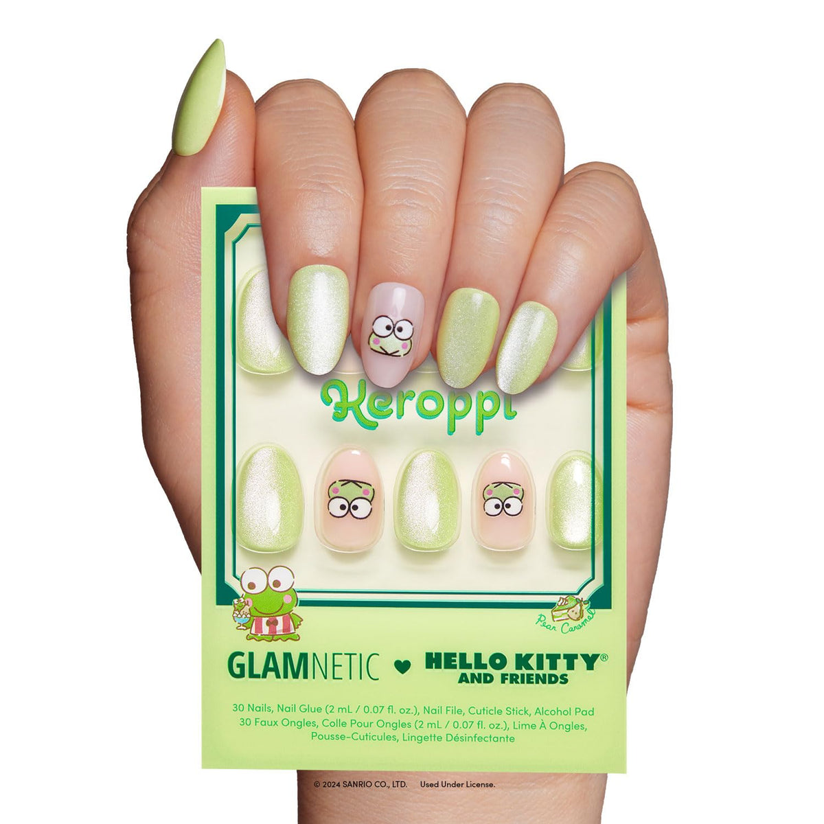 Glamnetic Keroppi Pastel Press On Nails front view with storage box