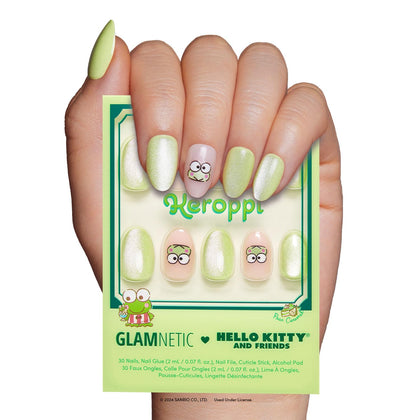 Glamnetic Keroppi Pastel Press On Nails front view with storage box