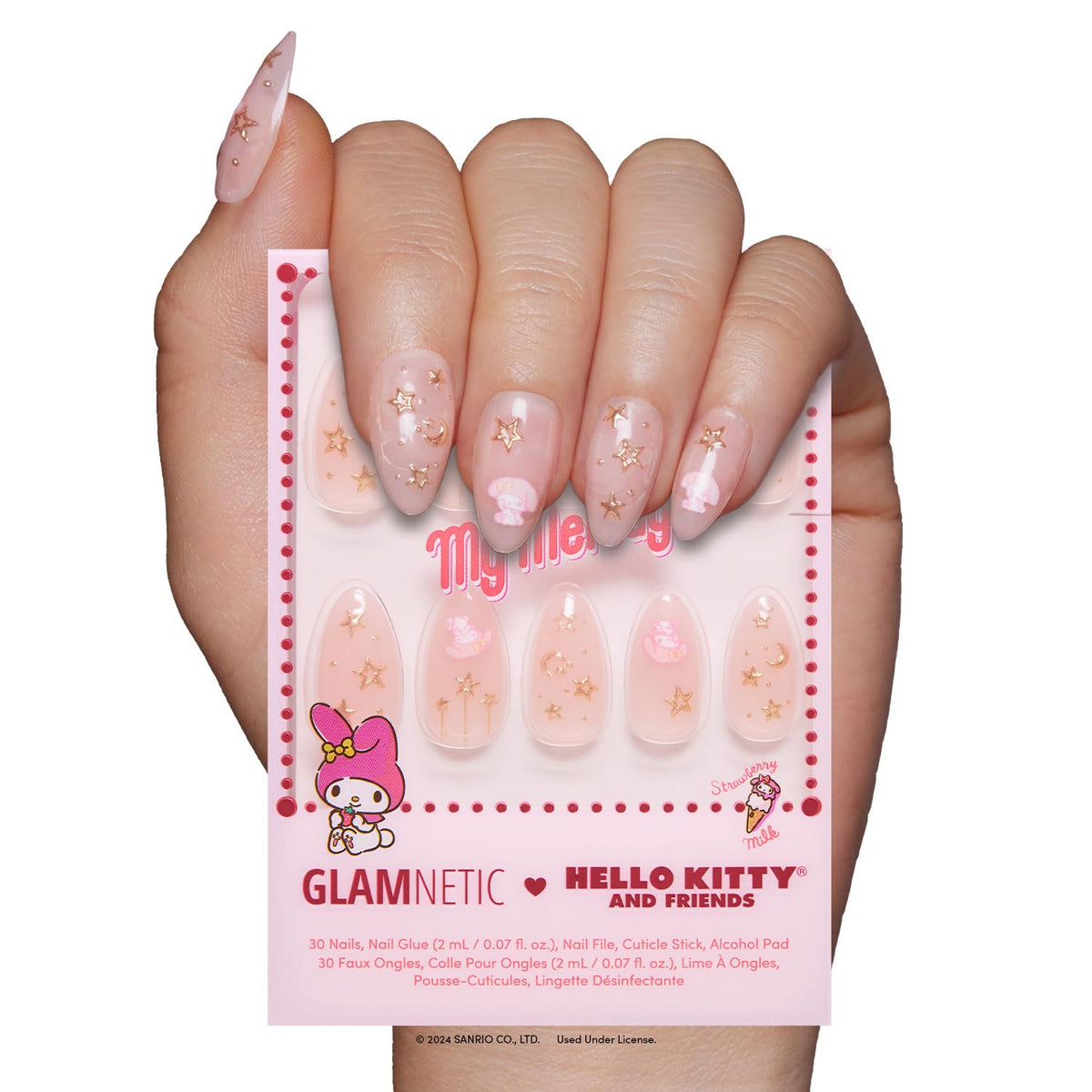 Glamnetic My Melody Press On Nails front view with gold foil graphics