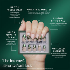Glamnetic Parseltongue Press On Nails in storage box with accessories
