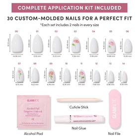 Glamnetic Press On Nails displayed with a nail file and glue