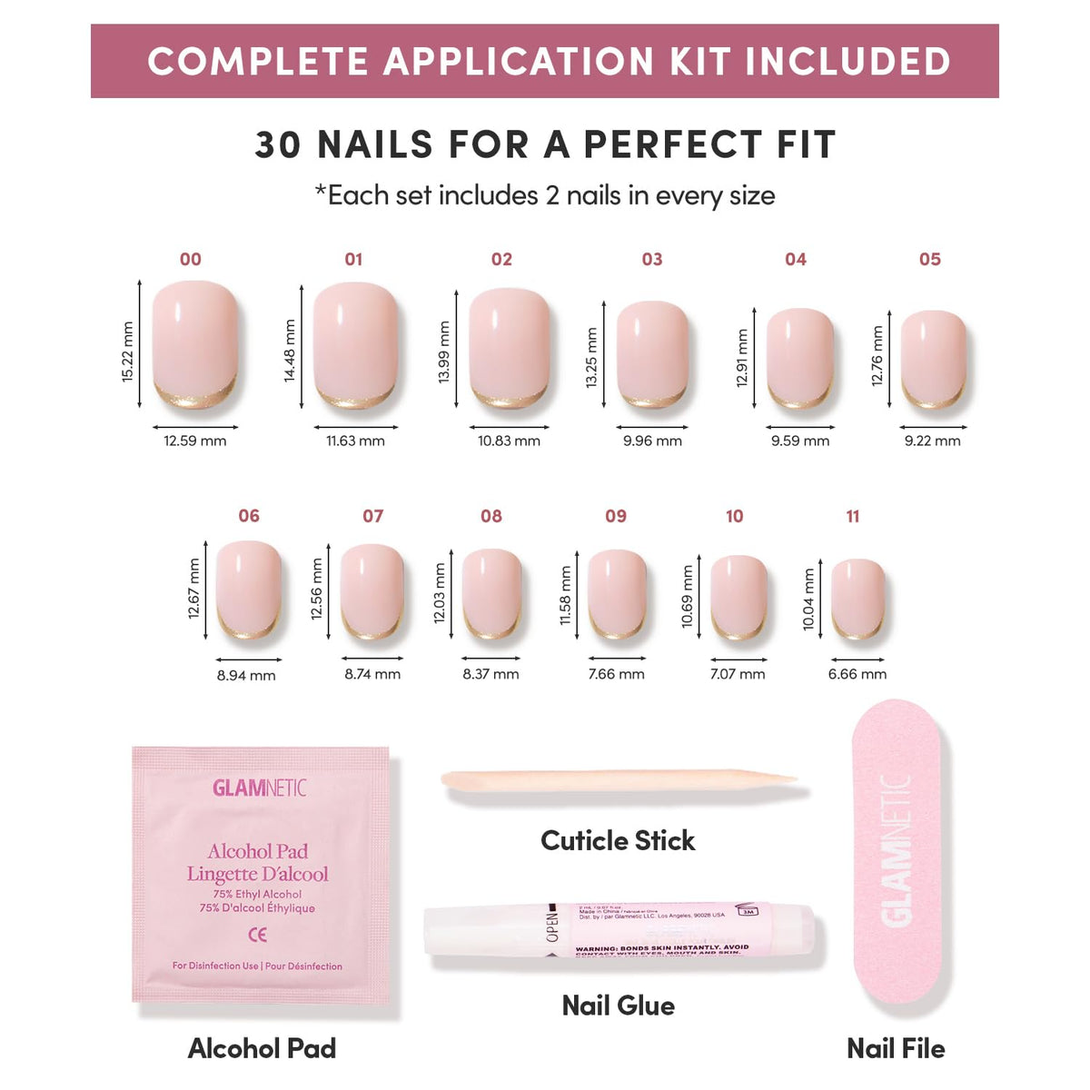 Glamnetic Press On Nails displayed with nail file and cuticle stick