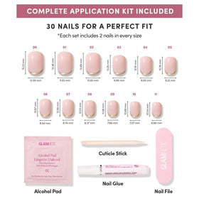 Glamnetic Press On Nails displayed with nail file and cuticle stick