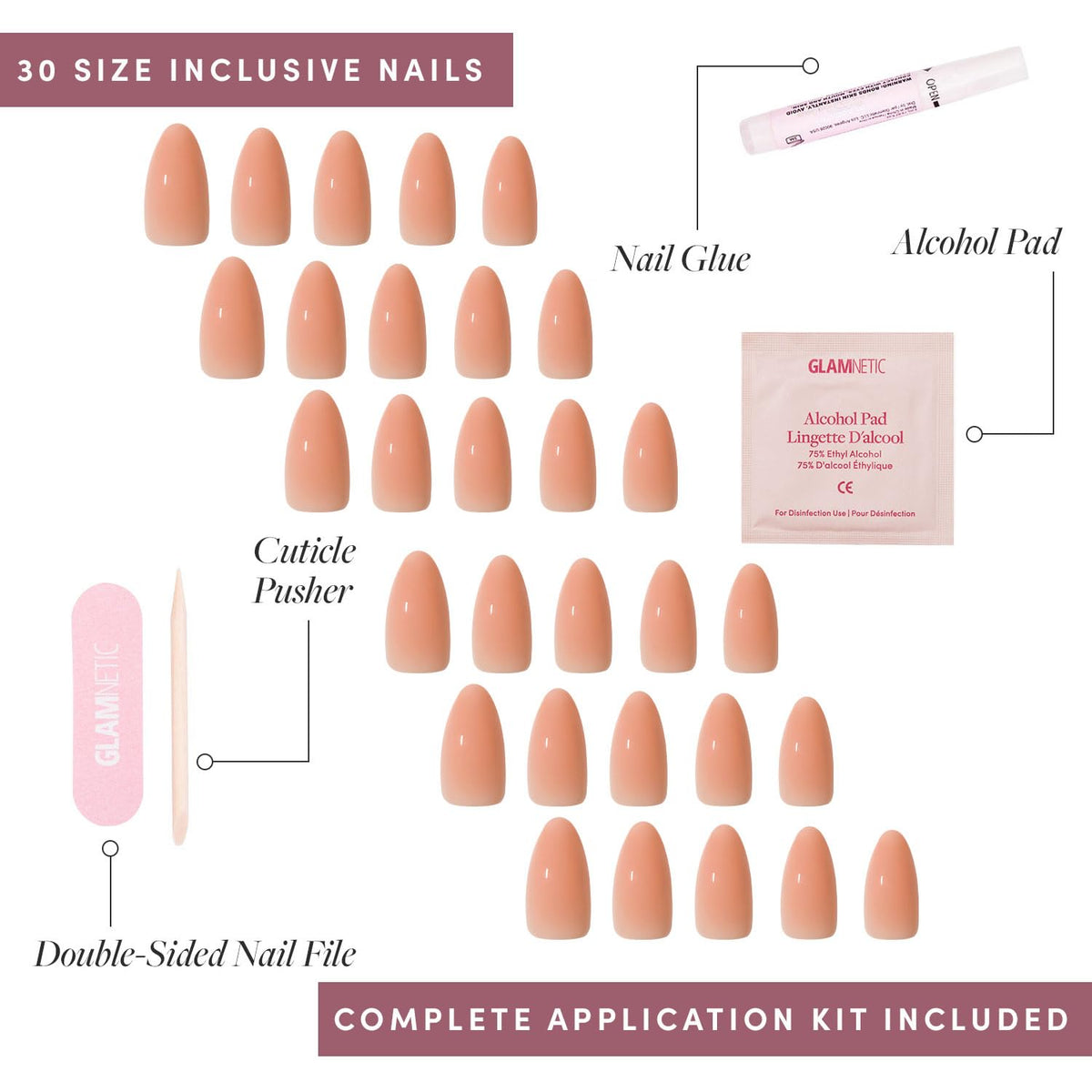 Glamnetic Press On Nails Medium Almond glossy finish double-sided nail file