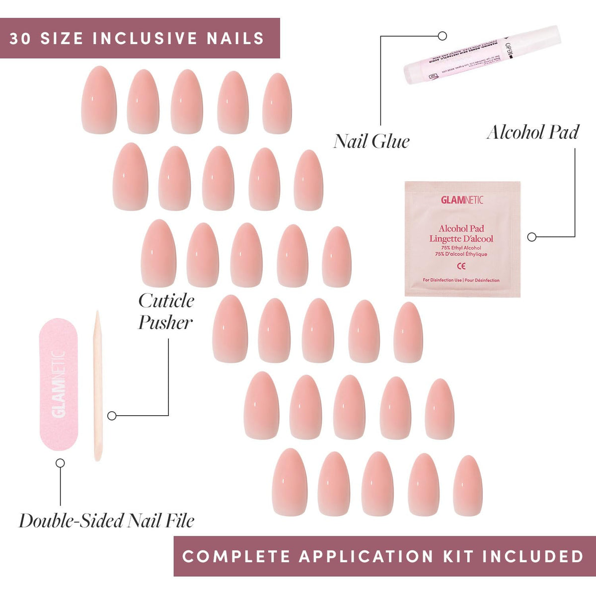 Glamnetic Press On Nails Medium Almond glossy nails alcohol pad