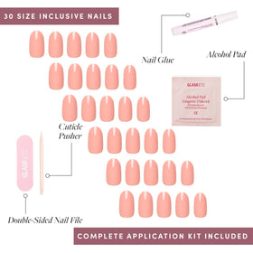 Glamnetic Press On Nails Peach Coral showing nail glue and file