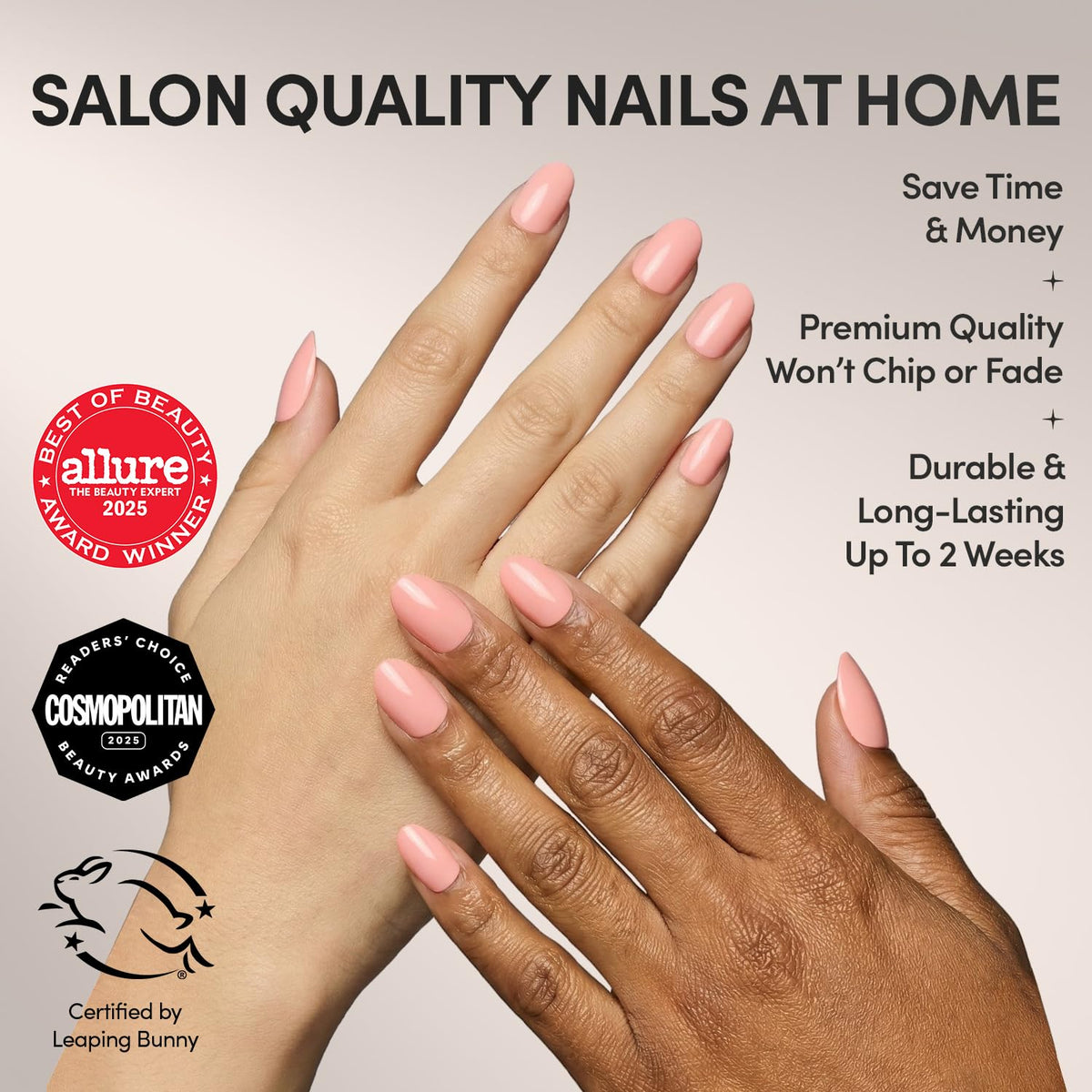 Glamnetic Press On Nails Peach Coral side view showing various sizes