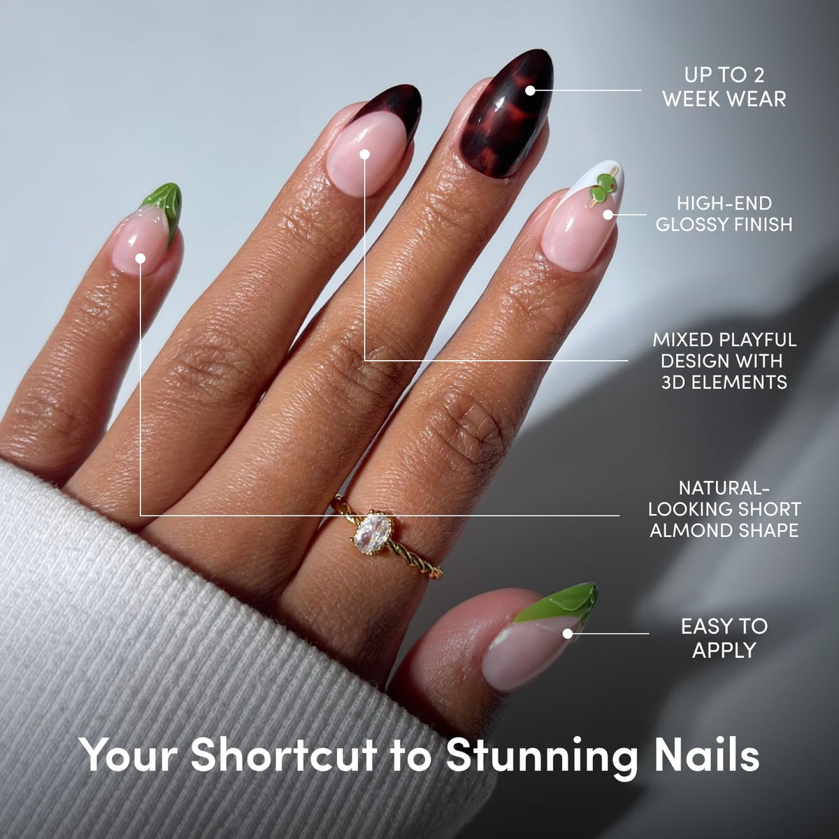 Glamnetic Press On Nails Short Almond 3D olive garnishes