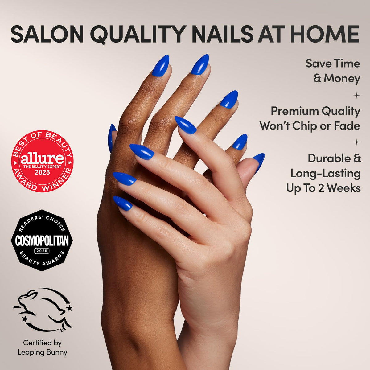 Glamnetic Press On Nails Short Almond Cobalt Blue close-up of nails