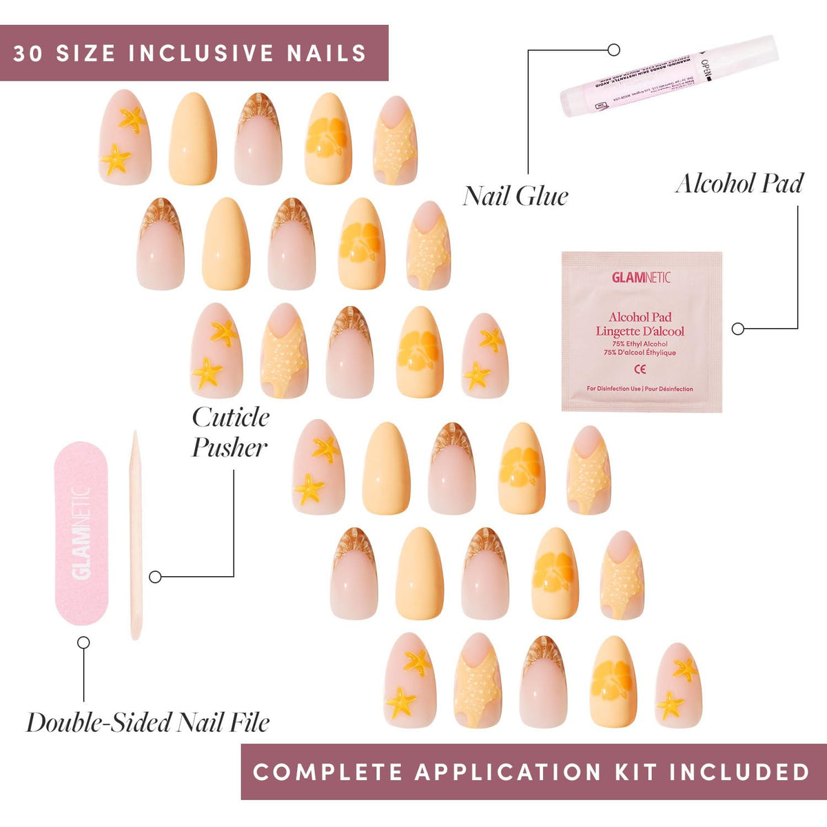 Glamnetic Press On Nails Short Almond Glossy cuticle stick and alcohol pad