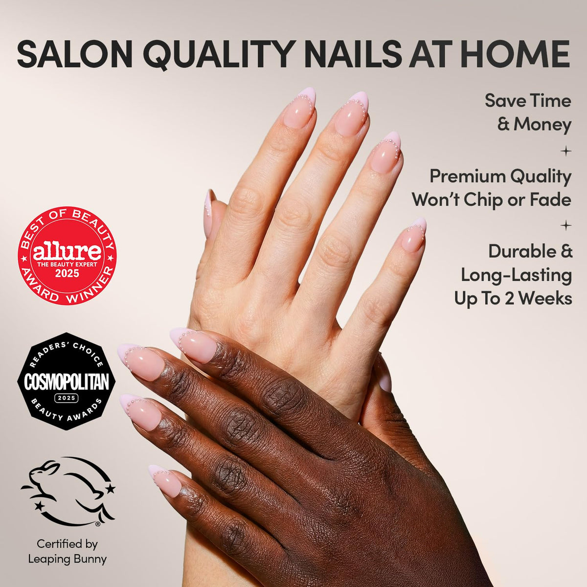 Glamnetic Press On Nails Short Almond glossy design with 3D pearl trim