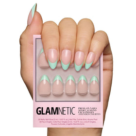 Glamnetic Press On Nails Short Almond glossy mint blue tips front view