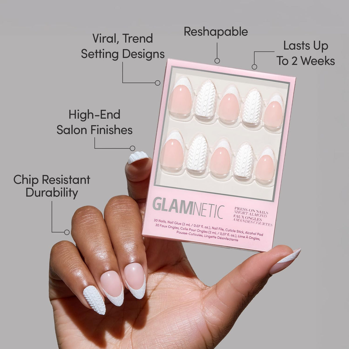Glamnetic Press On Nails Short Almond Glossy set with storage box