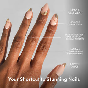 Glamnetic Press On Nails Short Almond glossy with gold chrome accents