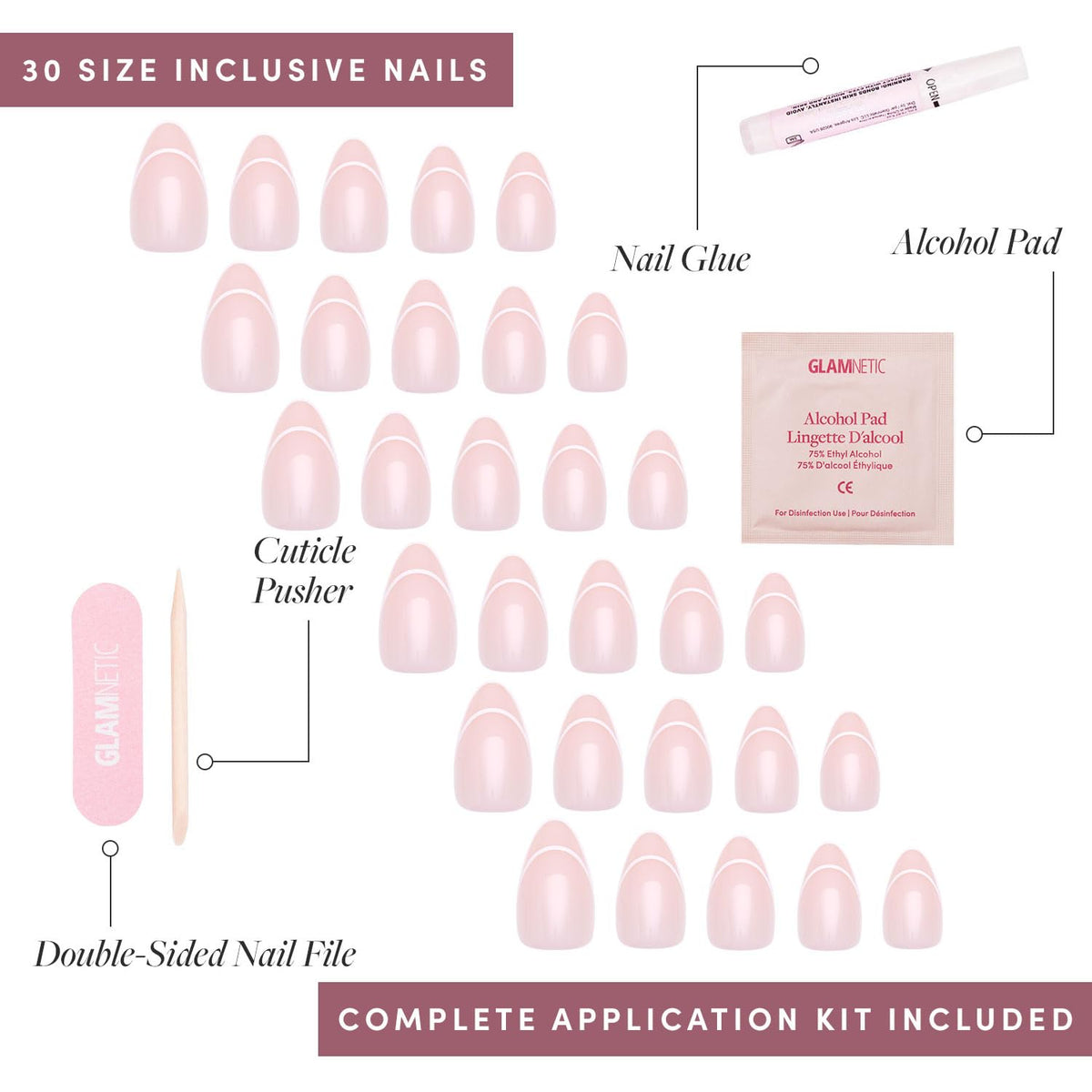 Glamnetic Press On Nails Short Almond Glossy with nail glue and file