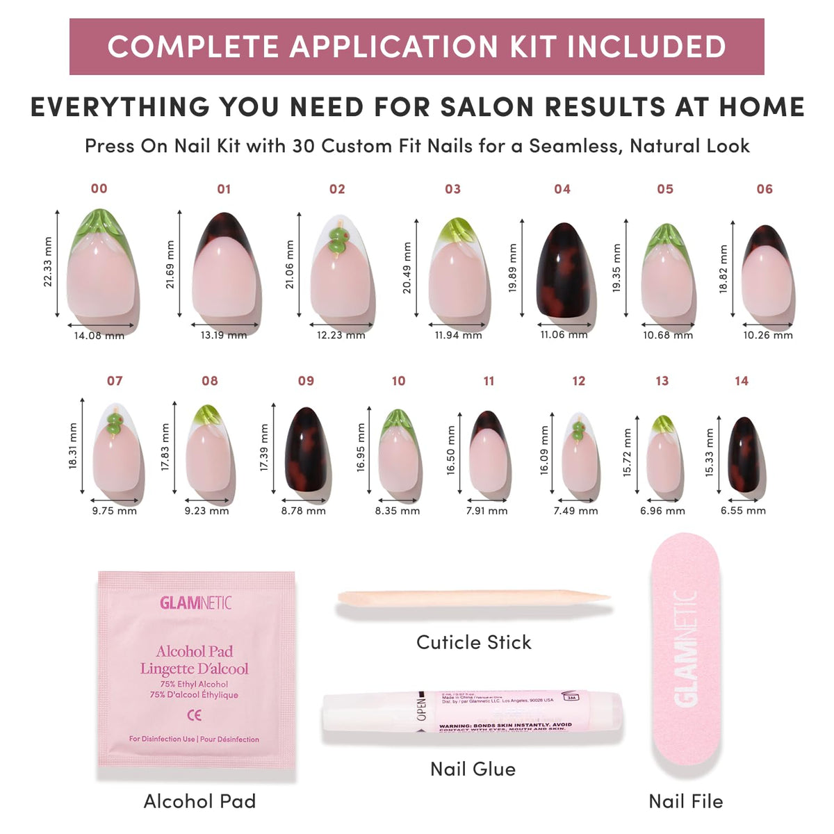 Glamnetic Press On Nails Short Almond in various sizes