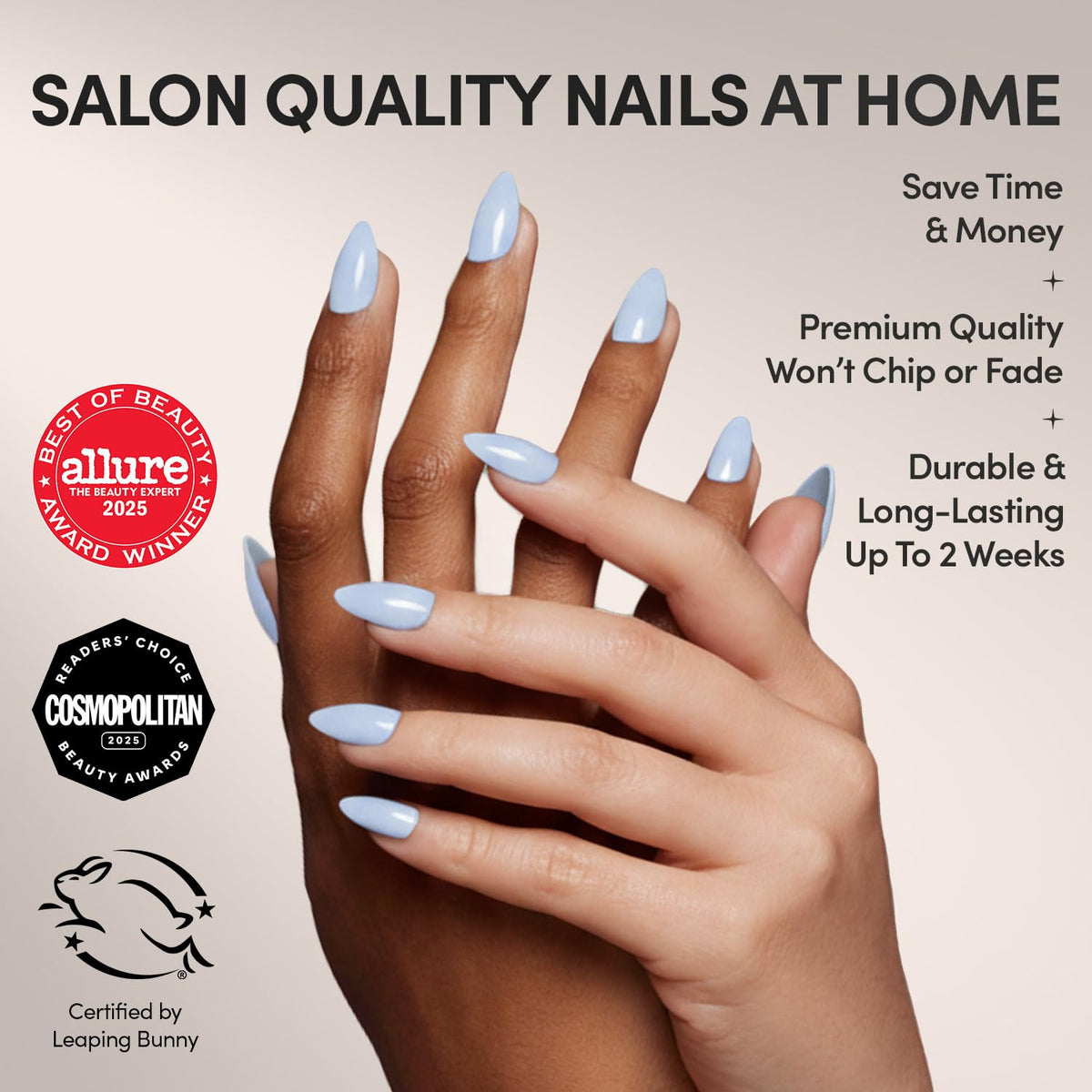 Glamnetic Press On Nails Short Almond kit contents including nail glue and file