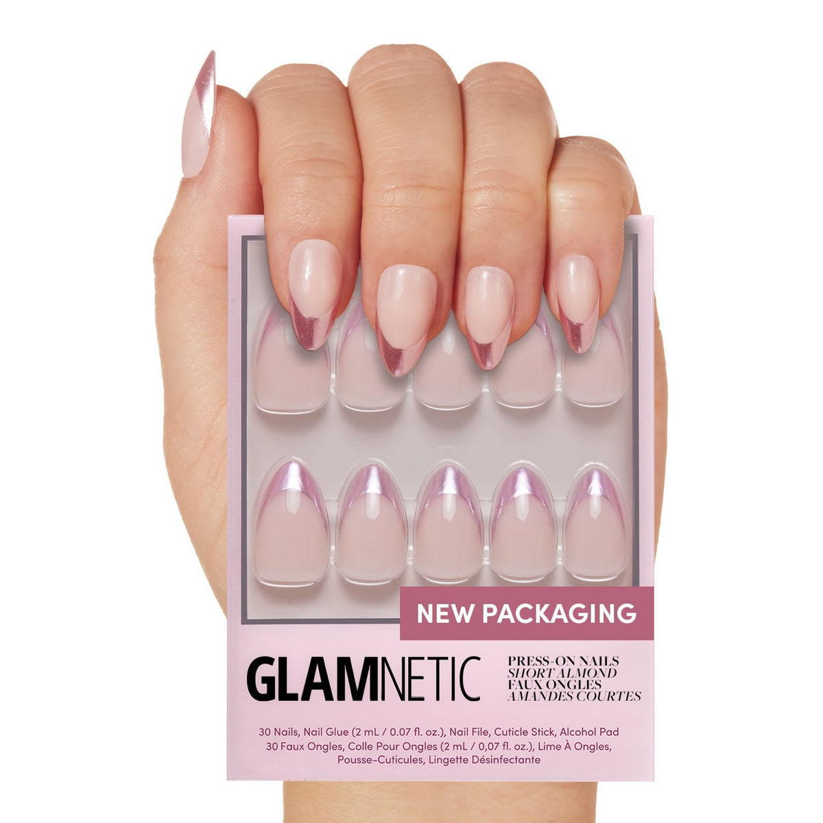 Glamnetic Press On Nails Short Almond Metallic Kit packaging front view