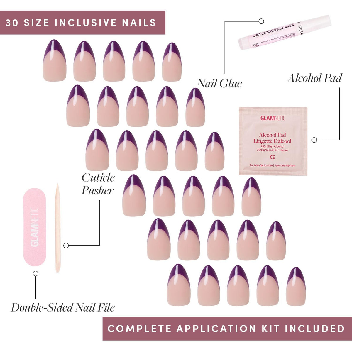 Glamnetic Press On Nails Short Almond Plum Dark Purple with double-sided nail file