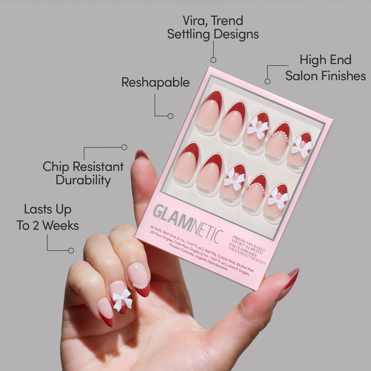 Glamnetic Press On Nails Short Almond Ruby Ribbons storage box and accessories